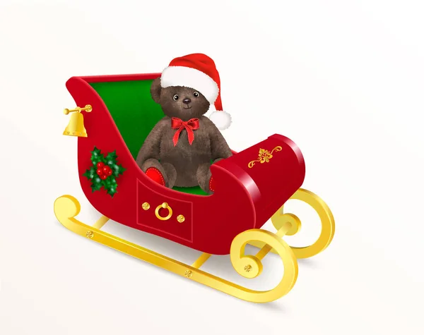 Teddy Bear Toy Sitting Santa Claus Sleigh Cute Teddy Bear — Stock Vector