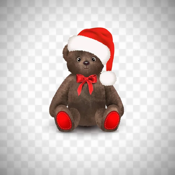 Zittend Pluizig Schattig Bruin Teddybeer Met Kerst Kerstman Hoed Een — Stockvector