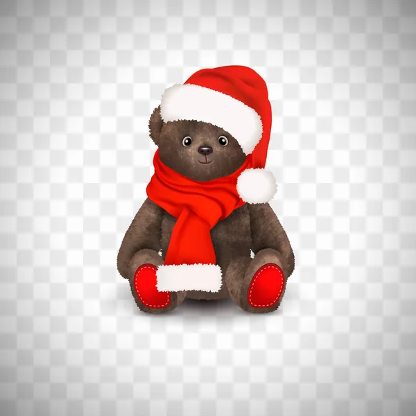 Zittend Pluizig Schattig Bruin Teddybeer Met Kerst Kerstman Hoed Een — Stockvector