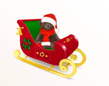 Oyuncak ayı oyuncak Noel Baba kızakta oturuyor. Şirin oyuncak ayı, kırmızı bir kabarık şapka ve uzun bir eşarp takıyor. Gerçekçi simgesini veya nesne için Noel tasarım. Vektör çizim.