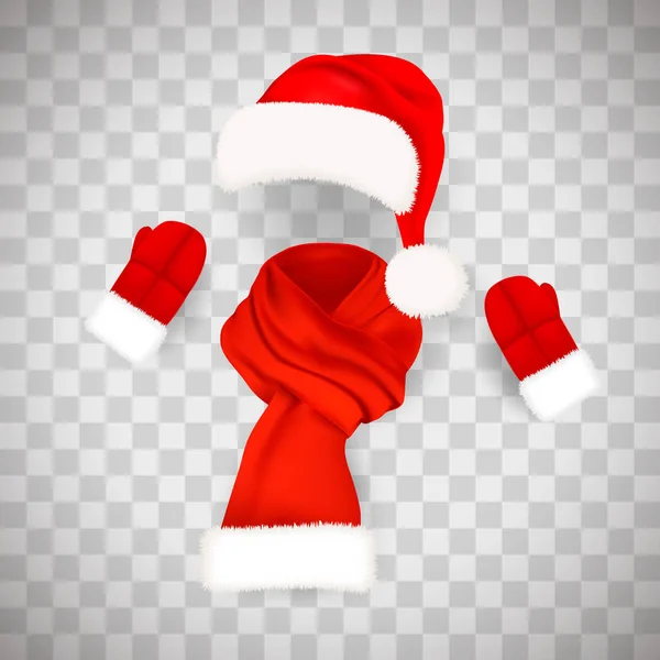 Set of realistic red Santa Claus hat with fluffy fur pompon and long scarf isolated on transparent background. Vector illustration — Stock Vector