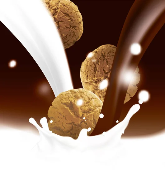 Galletas redondas marrones cayendo en blanco vertiendo leche y chocolate o cacao. Ilustración vectorial realista con fondo de color chocolate borroso con salpicaduras y gotas . — Vector de stock