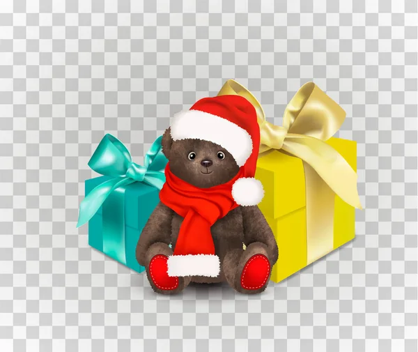 Sitting Fluffy Cute Brown Teddy Bear Toy Christmas Santa Claus — Stock Vector