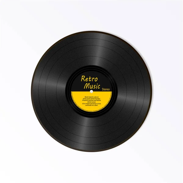 リアルな黒のビニール レコード レトロ サウンド キャリア 新しい蓄音機黄色ラベル テキストと レコードです 長いミュージカル アルバム — ストックベクタ