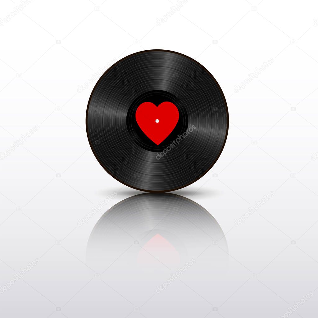 Realistic Black Vinyl Record with red heart label and mirror reflection. Retro Sound Carrier isolated on white background.