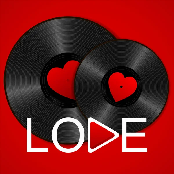 Две Refleic Black Vinyl Records Красными Этикетками Сердца Словом Love — стоковый вектор