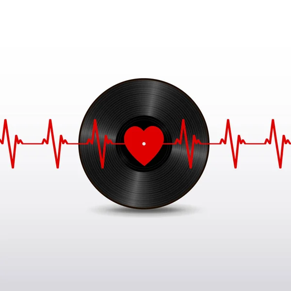 Disque Vinyle Noir Réaliste Avec Étiquette Coeur Rouge Cardiogramme Isolé — Image vectorielle