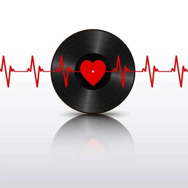 Disque Vinyle Noir Réaliste Avec Étiquette Coeur Rouge Cardiogramme Réflexion — Image vectorielle