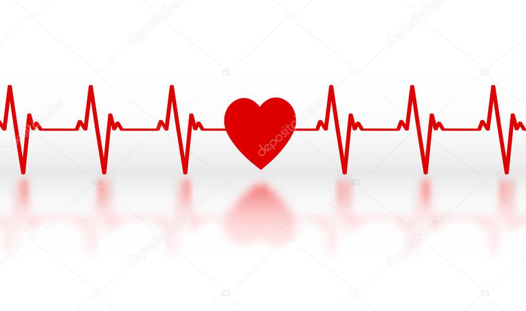 Cardiogram of a red symbolic heart with a mirror reflection