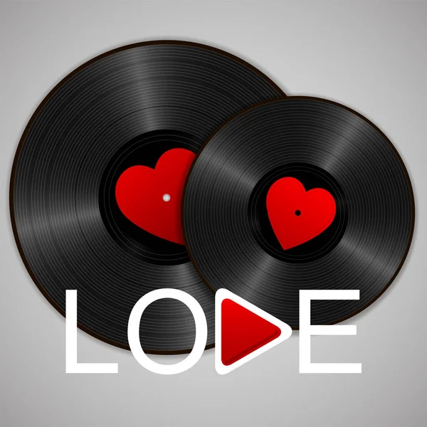 Две Refleic Black Vinyl Records Красными Этикетками Сердца Словом Love — стоковый вектор