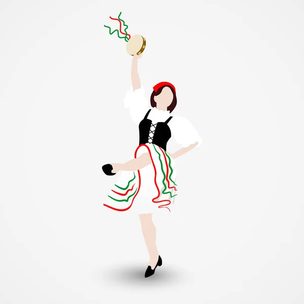 En ung flicka klädd i en folkdräkt dansar en italienska tarantella med en tamburin isolerad på vit bakgrund — Stock vektor