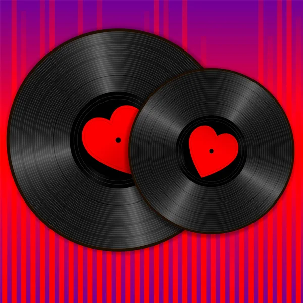 Due Realistic Black Vinyl Records con etichette a cuore rosso su sfondo di equalizzatore d'onda sonora viola. Concetto retrò di musica e romanticismo — Vettoriale Stock