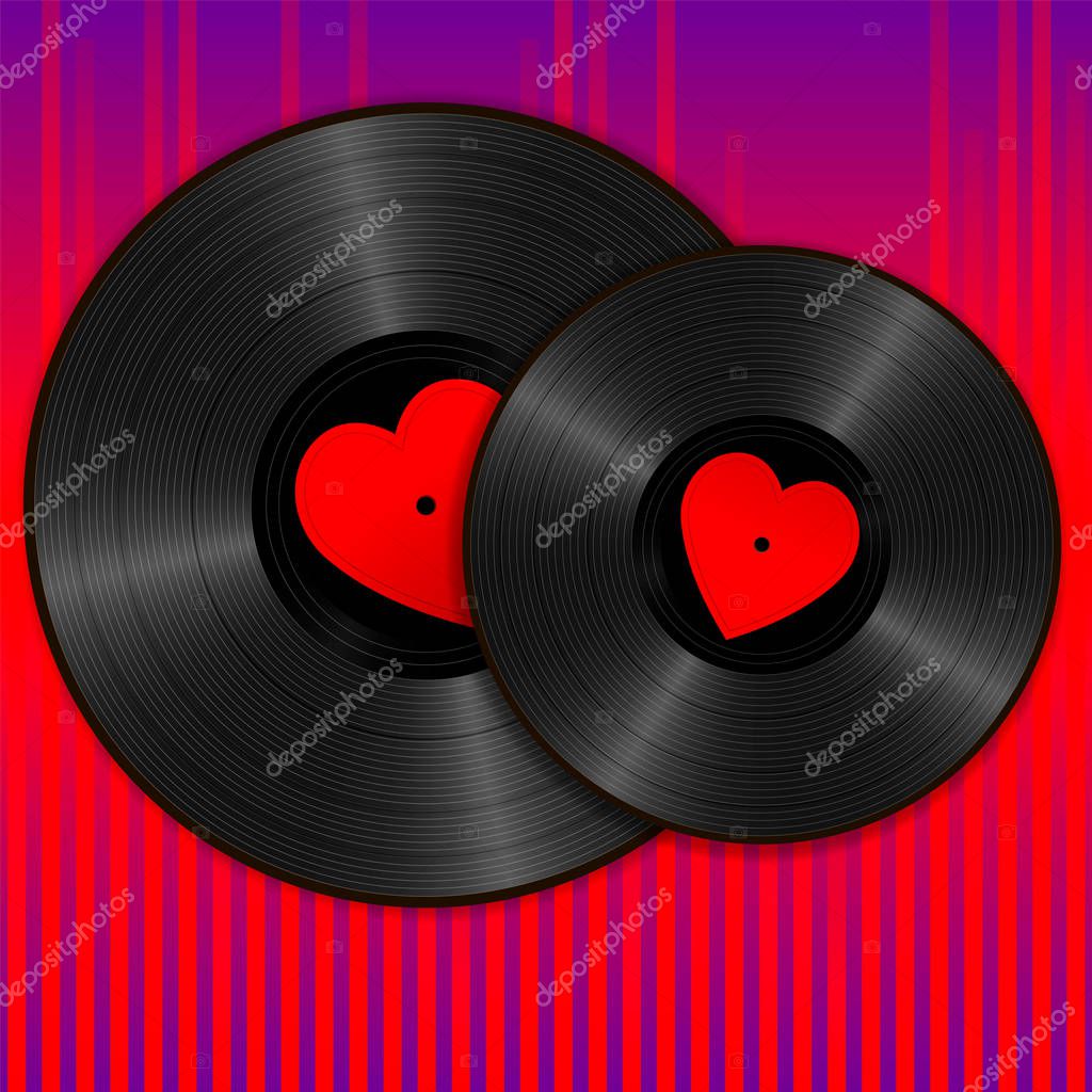 Two Realistic Black Vinyl Records with red heart labels on purple sound wave equalizer background. Retro concept of music and romance.
