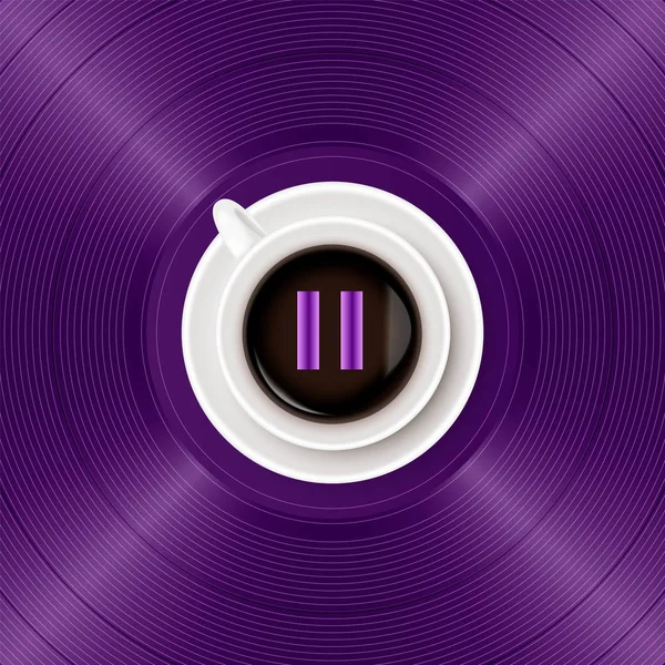 Symbol hudební pauza a šálek kávy na světlé fialový vinyl záznam pozadí. Pojetí hudby a káva — Stockový vektor