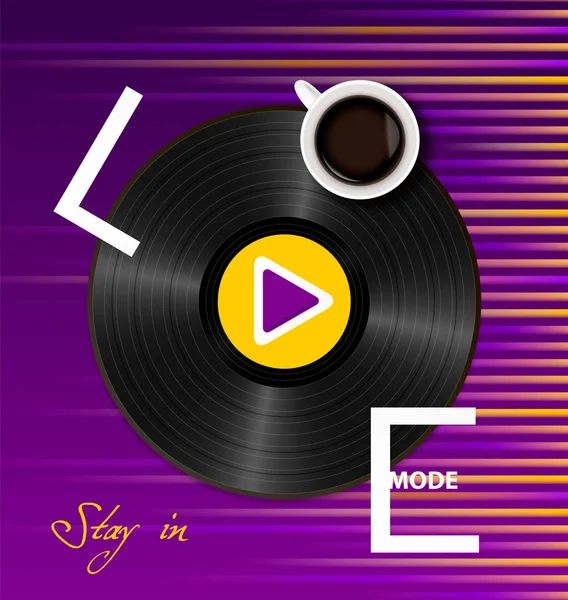 Надпись Stay in love mode with a cup of coffee, retro vinyl record and play button on bright purple and yellow background with sound wave equalizer.The concept of love for music and coffee — стоковый вектор