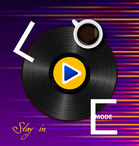 Надпись Stay in love mode with a cup of coffee, retro vinyl record and play button on bright purple and yellow textured paper background with sound wave equalizer — стоковый вектор