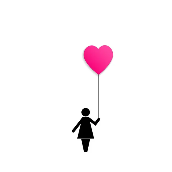 Icon Woman Holding Red Pink Air Balloon Heart Isolated White — Stock Vector