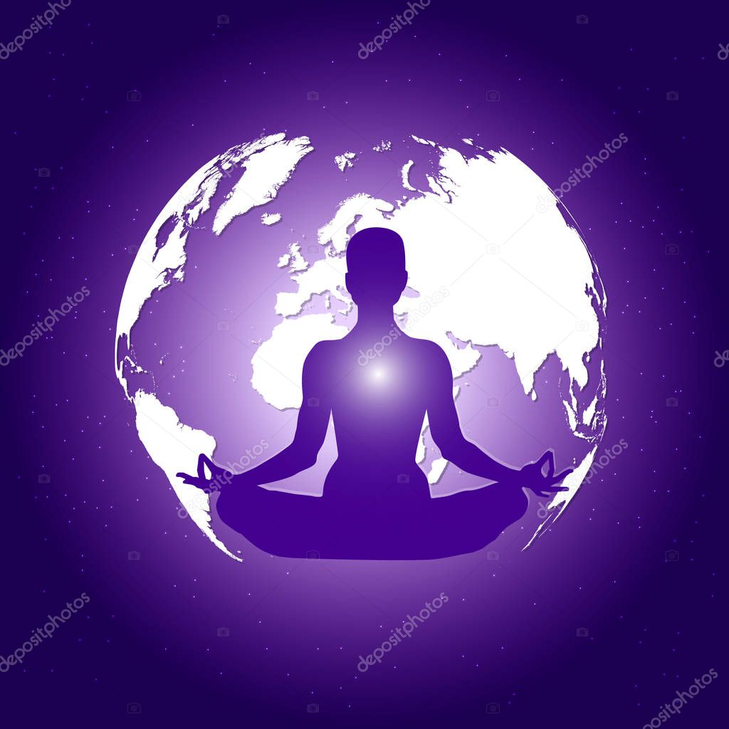 Human body in yoga lotus asana on dark blue space with planet Earth and stars background.