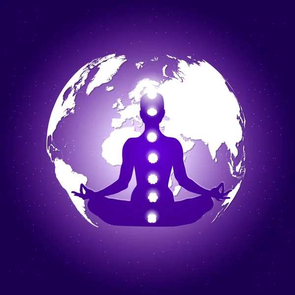 Nsan Vücudunda Yoga Lotus Asana Yedi Çakralar Sembolleri Ile Planet — Stok Vektör