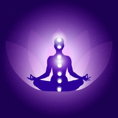 Yoga lotus asana lotus çiçeği ve ışık karanlık mavi mor zemin üzerine yapılan kişinin siluet.