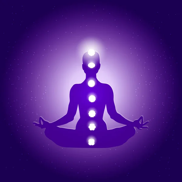 Corpo Umano Yoga Loto Asana Sette Simboli Chakra Sfondo Blu — Vettoriale Stock