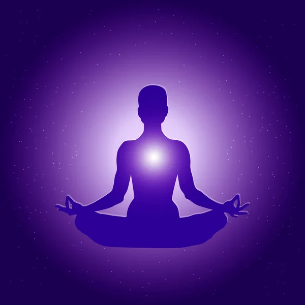 İnsan silüeti yoga lotus asana koyu mavi mor yıldızlı arka ışık ile içinde.