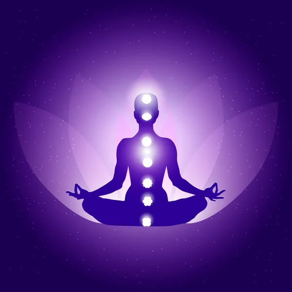 Silhouette Person Yoga Lotus Asana Dark Blue Purple Background Lotus — Stock Vector