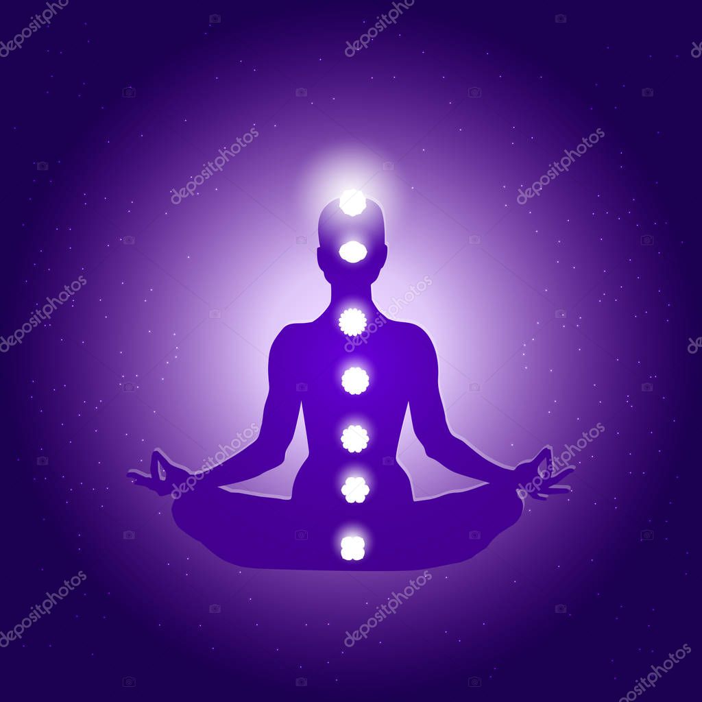 Human body in yoga lotus asana and seven chakras symbols on dark blue purple starry background.
