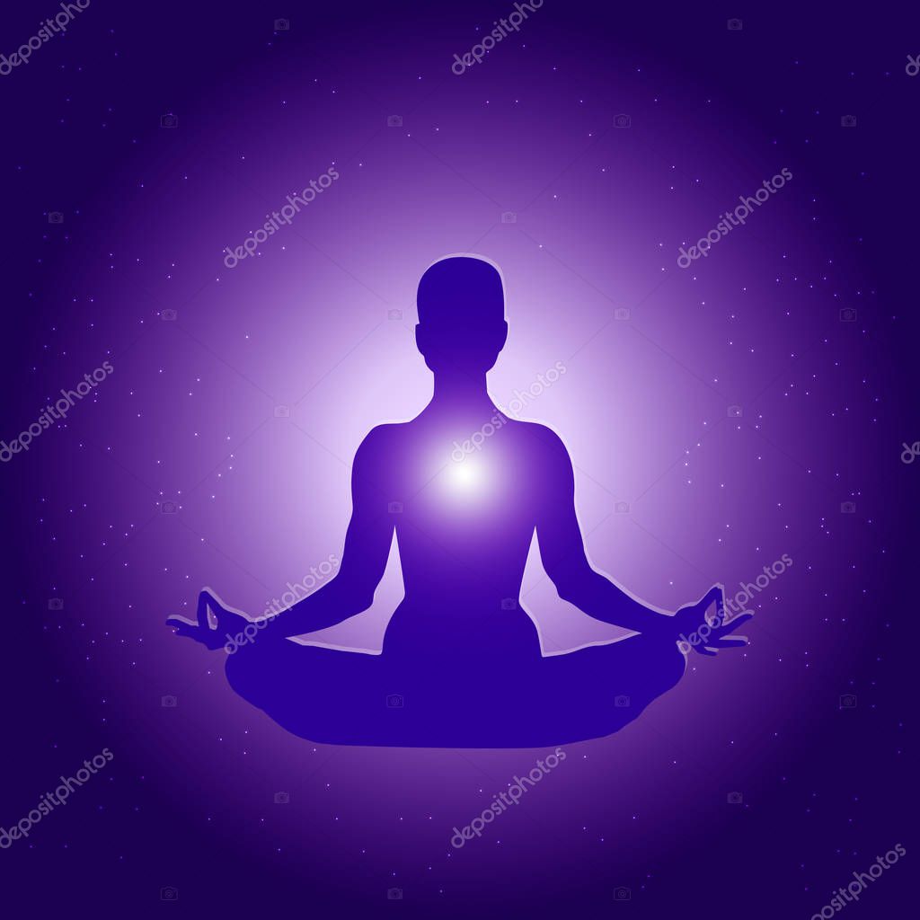 Silhouette of Person in yoga lotus asana on dark blue purple starry background with light.