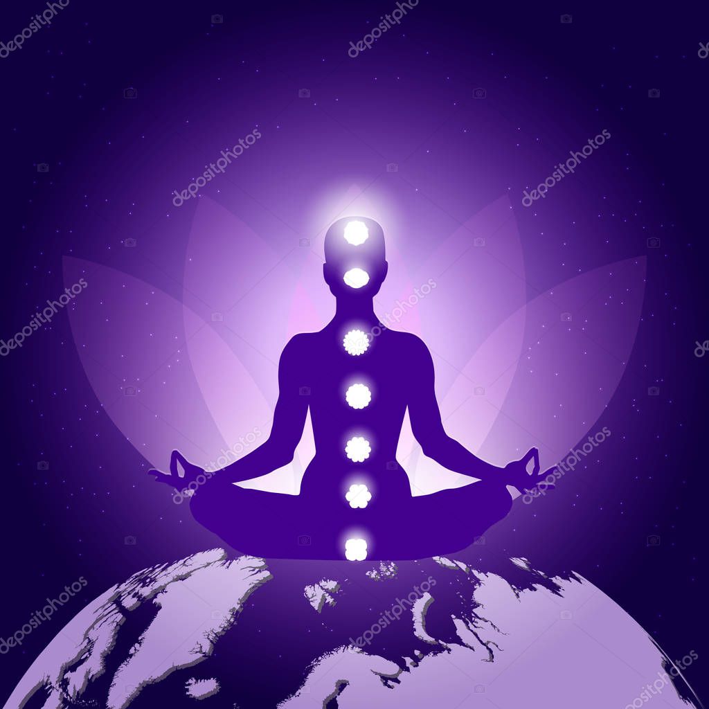 Silhouette of Person in yoga lotus asana sitting on planet Earth on dark blue purple background with lotus flower, seven chakras and lighting.