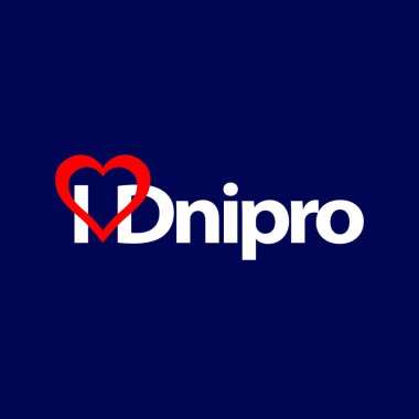 Dnipro şehir vektör logosu koyu mavi zemin üzerine seviyorum. Beyaz yazı ile sembolik kırmızı kalp
