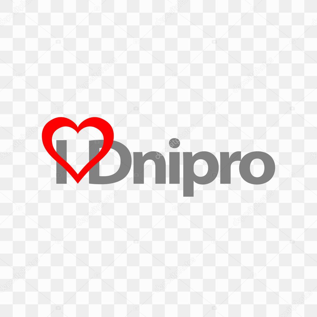 I love Dnipro city vector logo isolated on transparent background. Gray color lettering with symbolic red heart