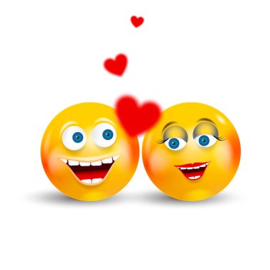 Mutlu çift Emoji Kawaii yüzleri kırmızı kalpler uçuşan aşık. İletişim sohbet öğeleri veya simgesi.