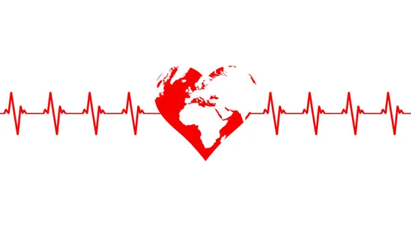 Kardiogramm des Planeten Erde in Form eines roten Herzens isoliert auf weißem Hintergrund. — Stockvektor
