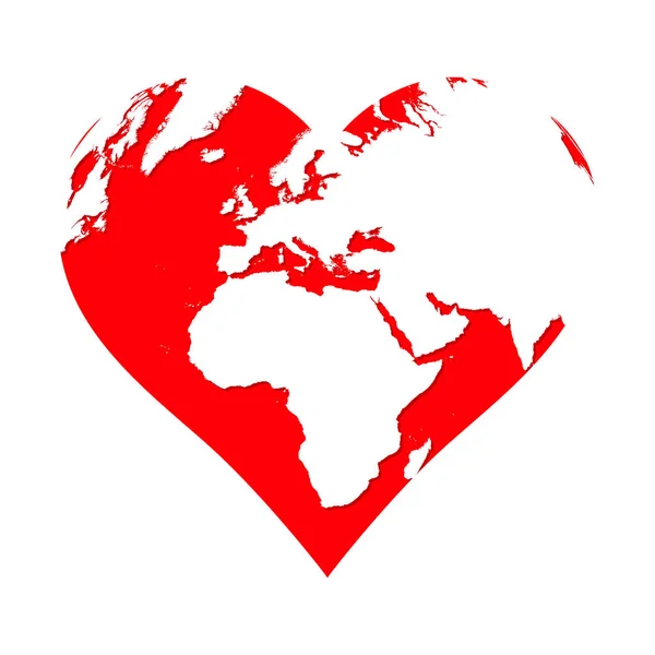 Planeta Terra em forma de coração vermelho. Símbolo de amor isolado no fundo branco — Vetor de Stock