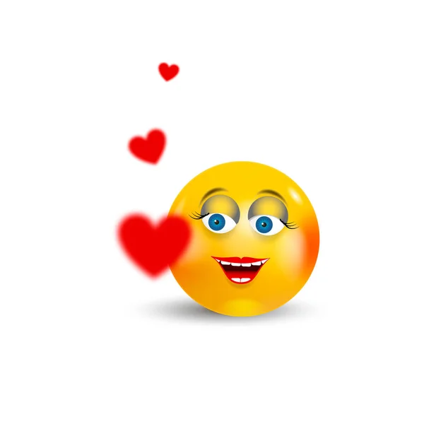 Feliz Emoji Kawaii Girl Face enamorado de corazones rojos volando alrededor. Comunicación Chat Elementos o icono . — Vector de stock