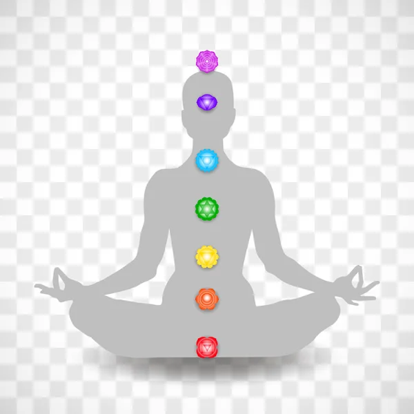 Human body in yoga lotus asana and seven chakras symbols isolated on transparent background — Stock Vector