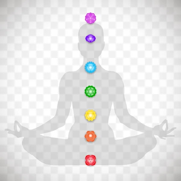 Människokroppen i yoga lotus asana och sju färgstarka chakran symboler isolerad på transparent bakgrund. Objekt för design — Stock vektor