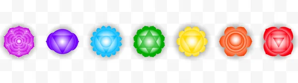 Conjunto de siete coloridos símbolos de chakras aislados sobre fondo transparente. Objeto para el diseño — Vector de stock