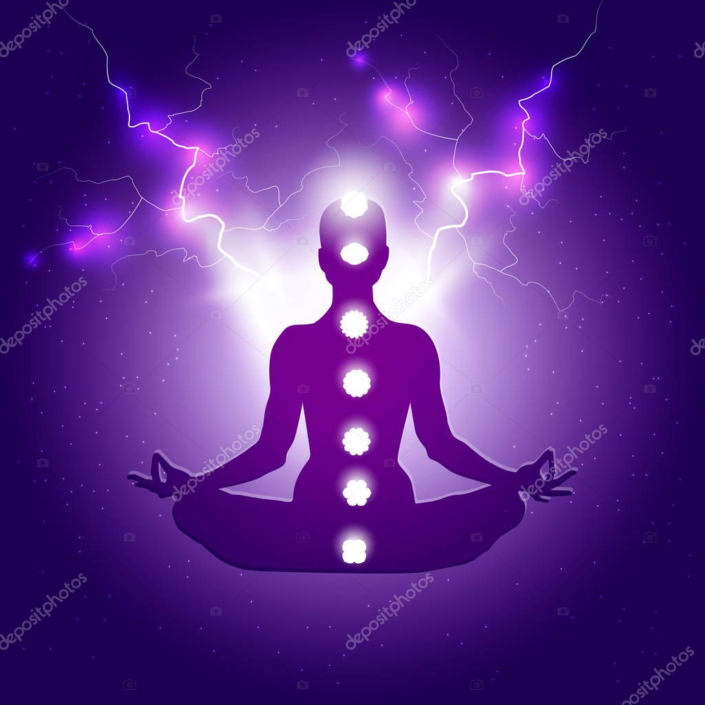 Human body in yoga lotus asana and seven chakras symbols on dark blue purple starry background with light or lightning bolts.