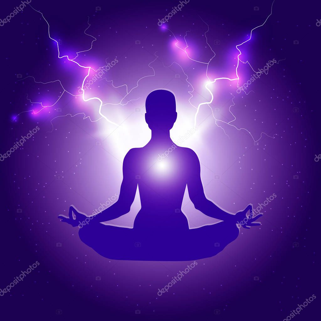 Silhouette of Person in yoga lotus asana on dark blue purple starry background with light or lightning bolts.