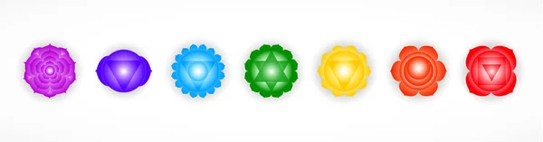 Conjunto de siete coloridos símbolos de chakras aislados sobre fondo blanco. Objeto para el diseño — Vector de stock