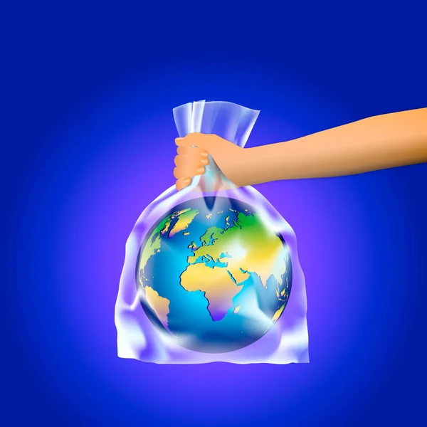 Ανθρώπινο χέρι που κρατά ο πλανήτης γη σε μια διαφανή πλαστική σακούλα σε μπλε φόντο. Η έννοια της μη χρήσης των πλαστικών σακουλών. Πειτε Οχι στην πλαστική — Διανυσματικό Αρχείο