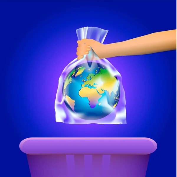 Van iemands hand gooien van de planeet aarde in doorzichtig plastic tas vuilnisbak. Het concept van plastic vervuiling. — Stockvector