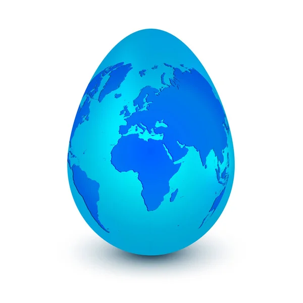 Planète bleue Terre en forme d'œuf isolé sur un fond blanc avec ombre. Concept de célébration mondiale de Pâques ou journée internationale des œufs — Image vectorielle