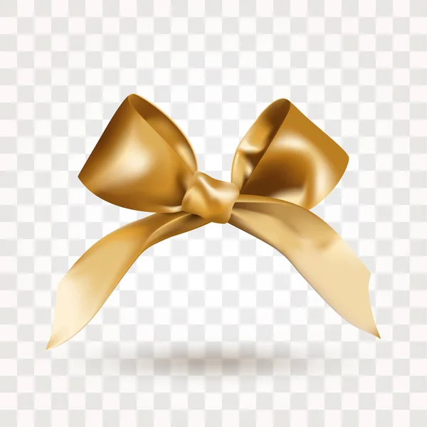 Golden elegant satin bow with knot isolated on transparent background. Realistic vector illustration. Element for design — Stock Vector