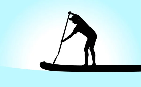 Silhouette de garçon Stand Up Paddle. Portrait d'un jeune sur fond bleu . — Image vectorielle