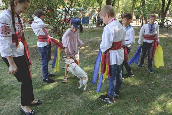 Ukraine, pokrov - 23. august 2019: feierlichkeiten zum tag der nationalen flagge. Gruppe von Kindern in folkloristischen ukrainischen bestickten Hemden gekleidet, die mit einem kleinen Hund im Freien spielen — Stockfoto