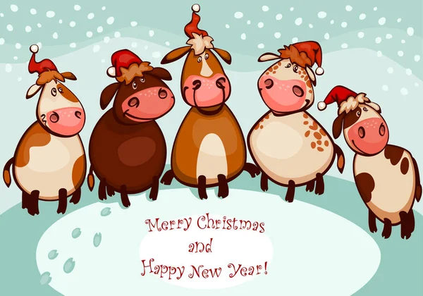 Happy New Year Card Design Cute Little Cartoon Cattle Cows Royalty Free Stock Vectors