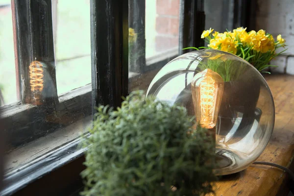 Flores Amarillas Una Olla Una Lámpara Eléctrica Viejo Alféizar Ventana — Foto de Stock